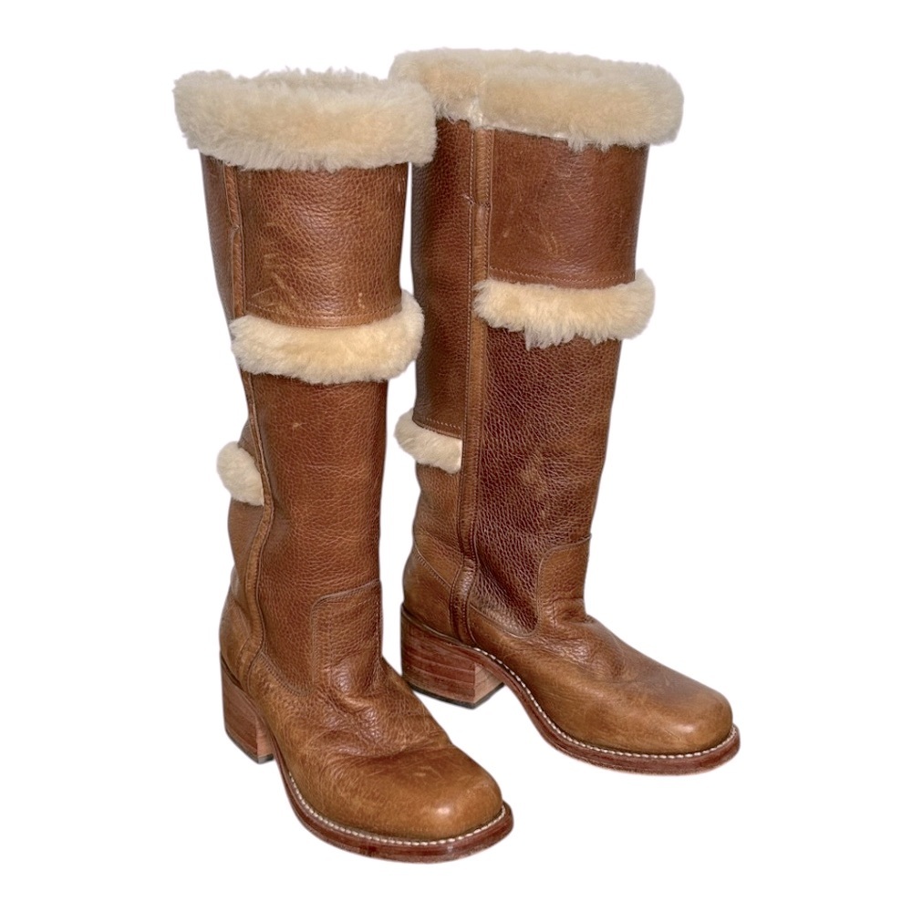 Frye Campus Shearling Fur Leather Vintage Distressed Boho Tall Boots-7-Rare